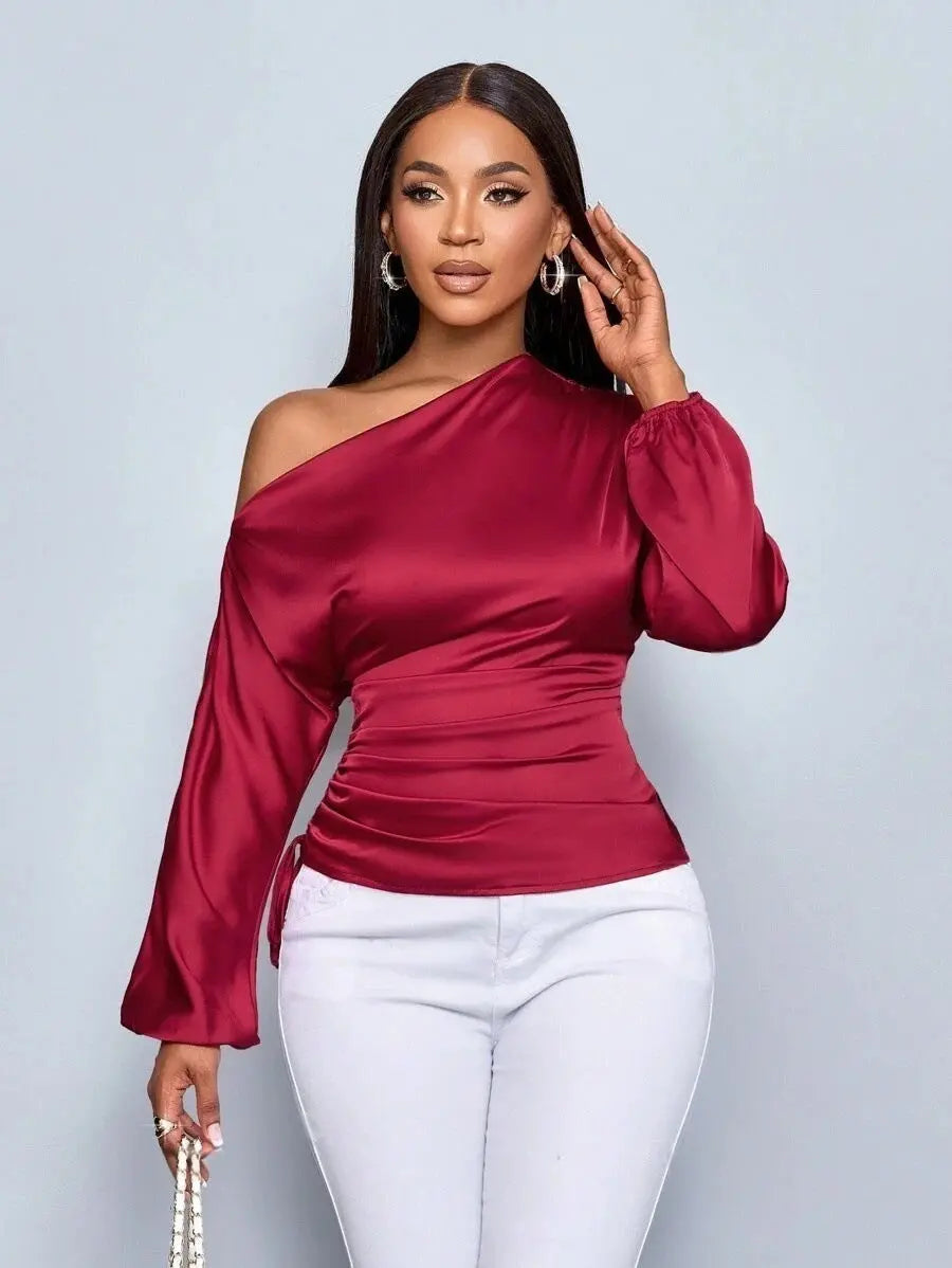 Amazon Cross-Border European and American New Women's Satin Shirt Spring and Summer Asymmetrical Long-Sleeved Slope Collar Shirt Top GreatEagleInc