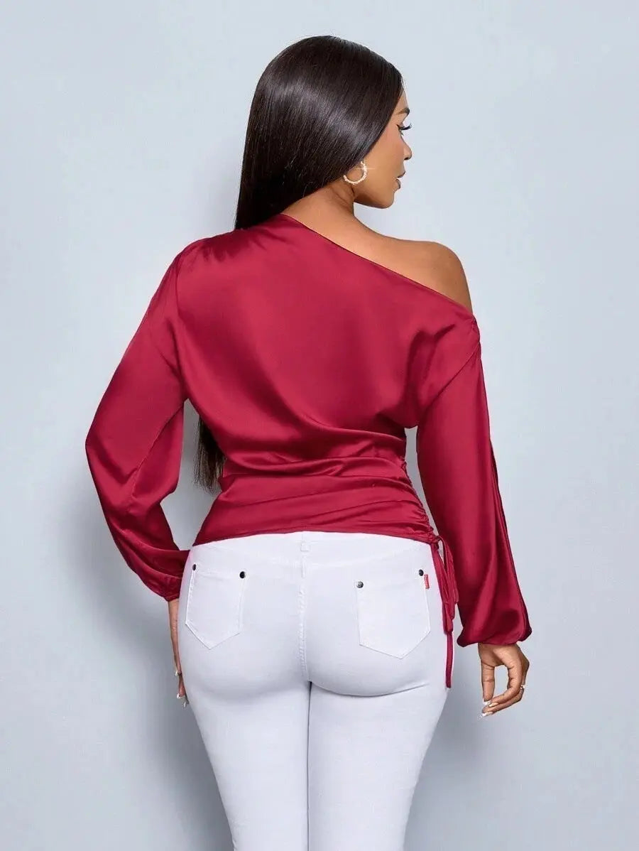 Amazon Cross-Border European and American New Women's Satin Shirt Spring and Summer Asymmetrical Long-Sleeved Slope Collar Shirt Top GreatEagleInc