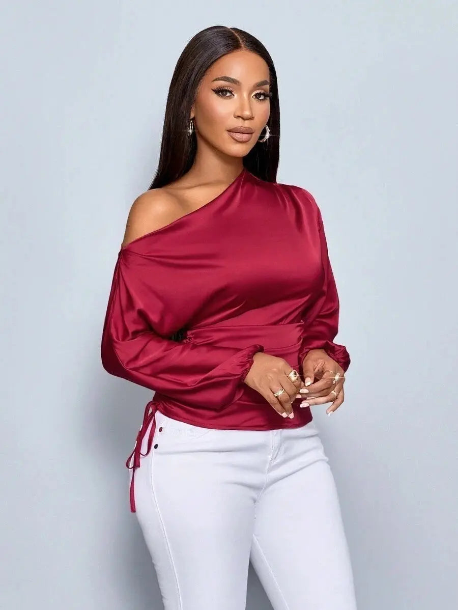 Amazon Cross-Border European and American New Women's Satin Shirt Spring and Summer Asymmetrical Long-Sleeved Slope Collar Shirt Top GreatEagleInc