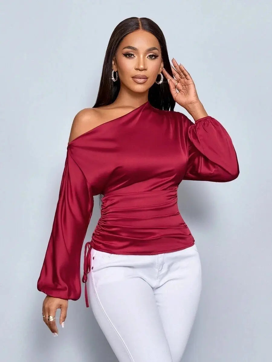 Amazon Cross-Border European and American New Women's Satin Shirt Spring and Summer Asymmetrical Long-Sleeved Slope Collar Shirt Top GreatEagleInc