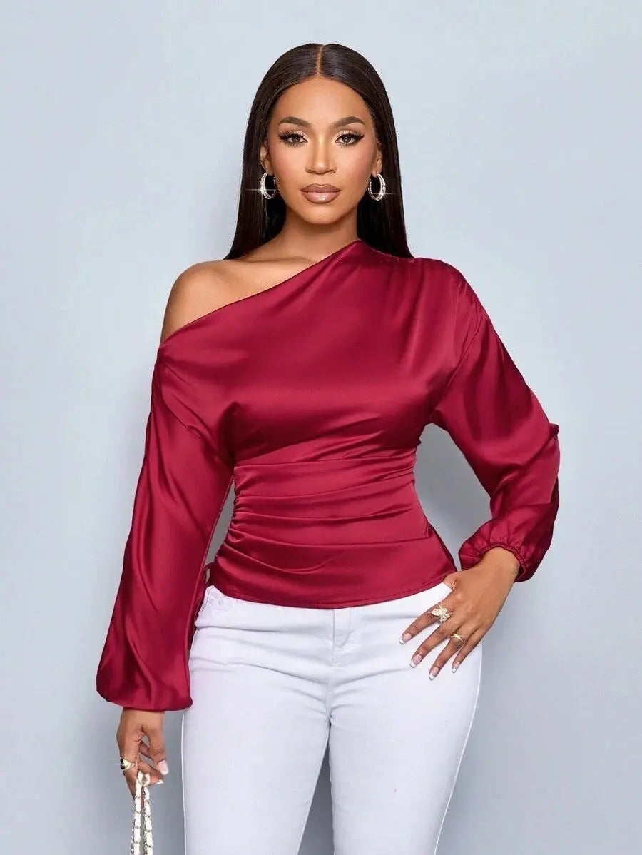 Amazon Cross-Border European and American New Women's Satin Shirt Spring and Summer Asymmetrical Long-Sleeved Slope Collar Shirt Top GreatEagleInc