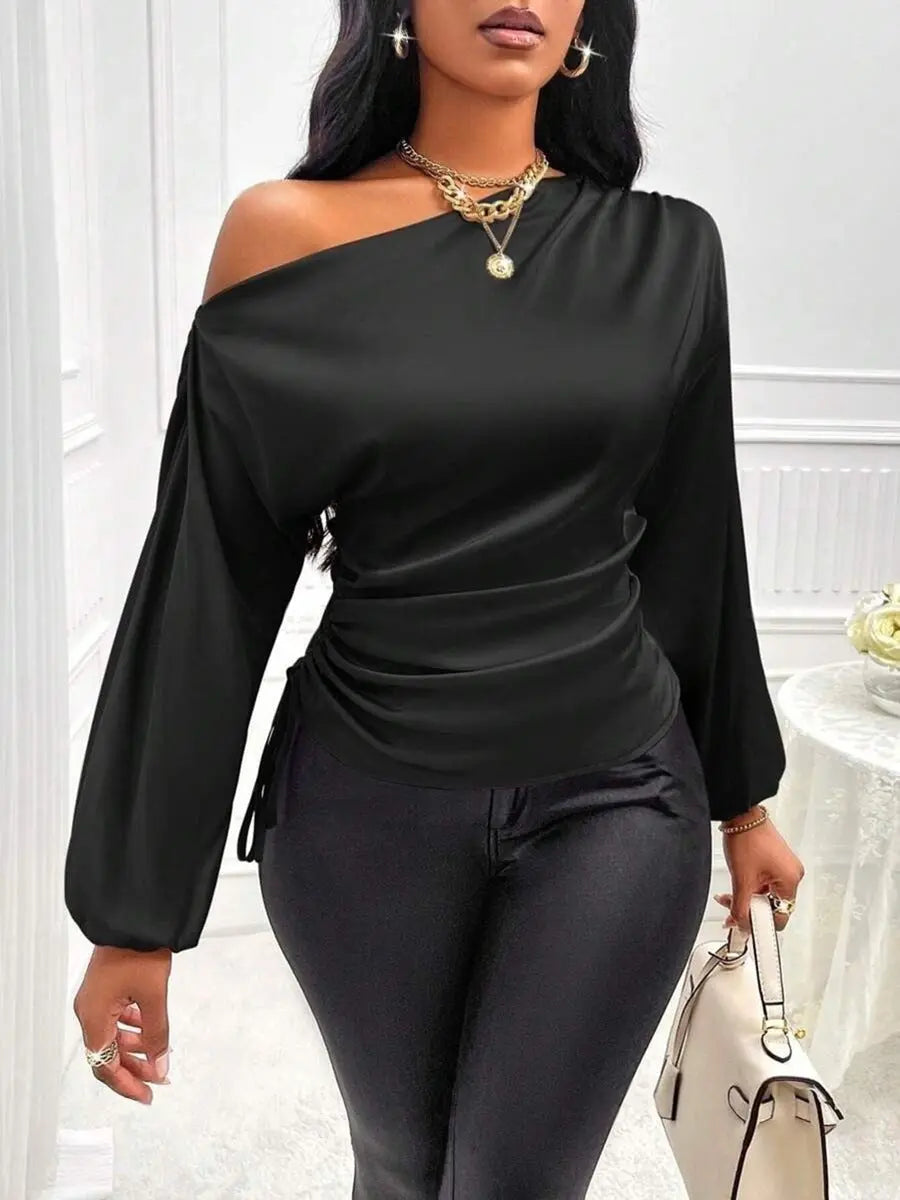 Amazon Cross-Border European and American New Women's Satin Shirt Spring and Summer Asymmetrical Long-Sleeved Slope Collar Shirt Top GreatEagleInc