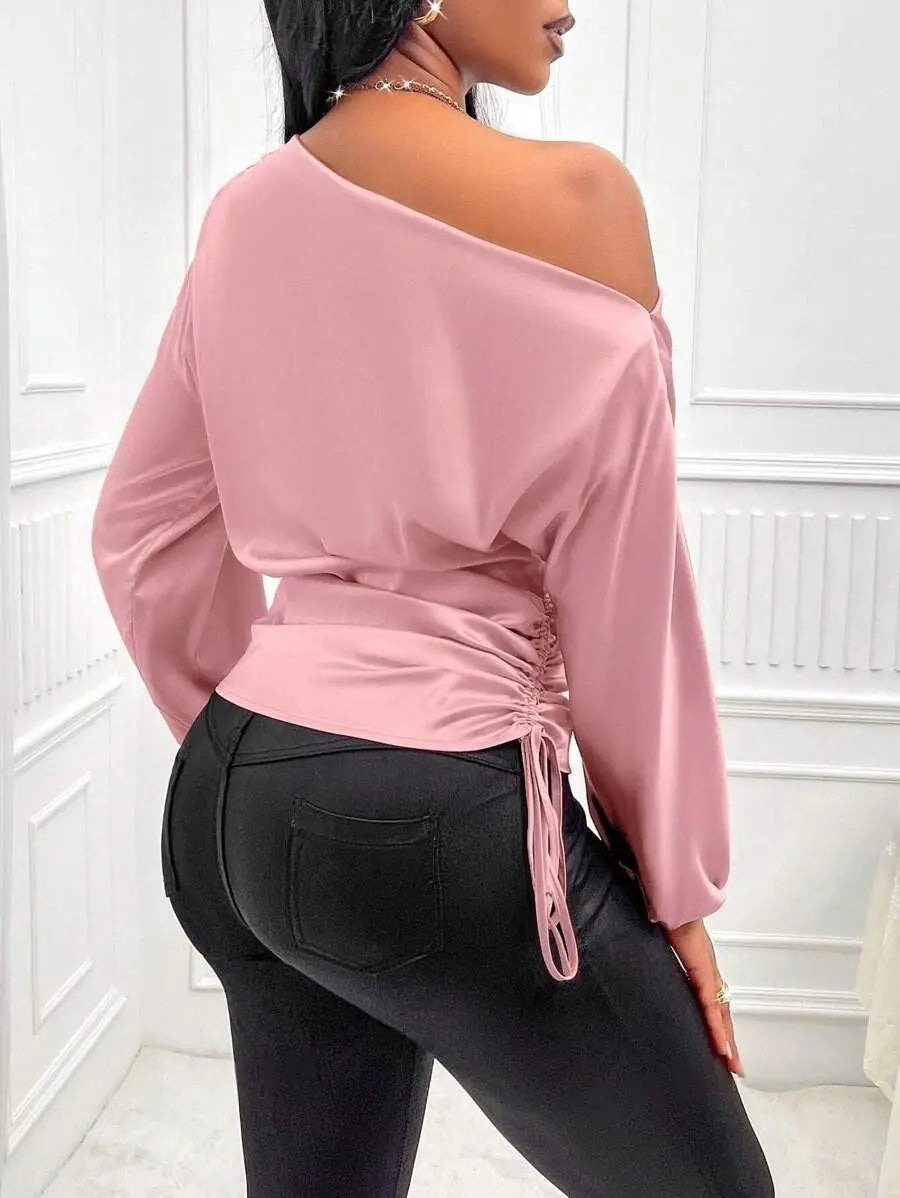 Amazon Cross-Border European and American New Women's Satin Shirt Spring and Summer Asymmetrical Long-Sleeved Slope Collar Shirt Top GreatEagleInc