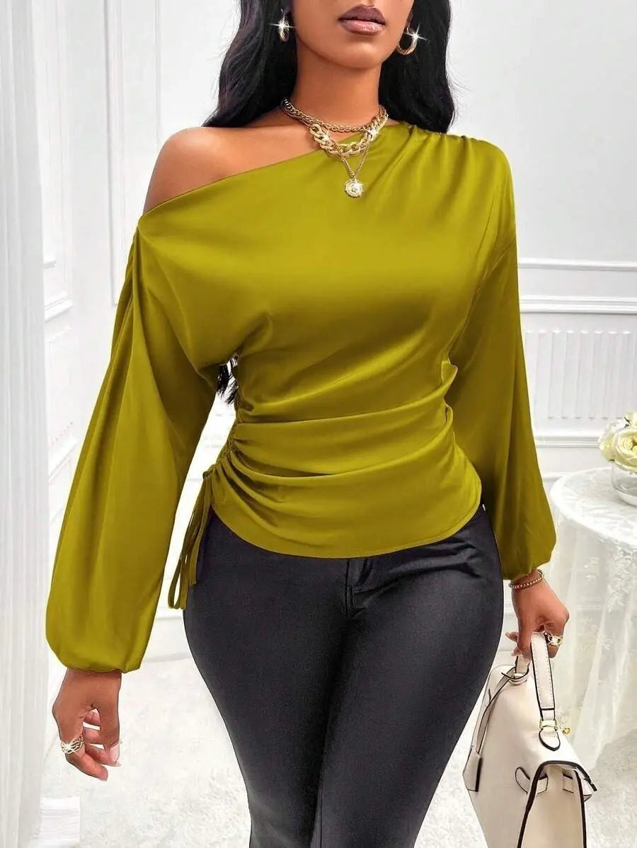 Amazon Cross-Border European and American New Women's Satin Shirt Spring and Summer Asymmetrical Long-Sleeved Slope Collar Shirt Top GreatEagleInc
