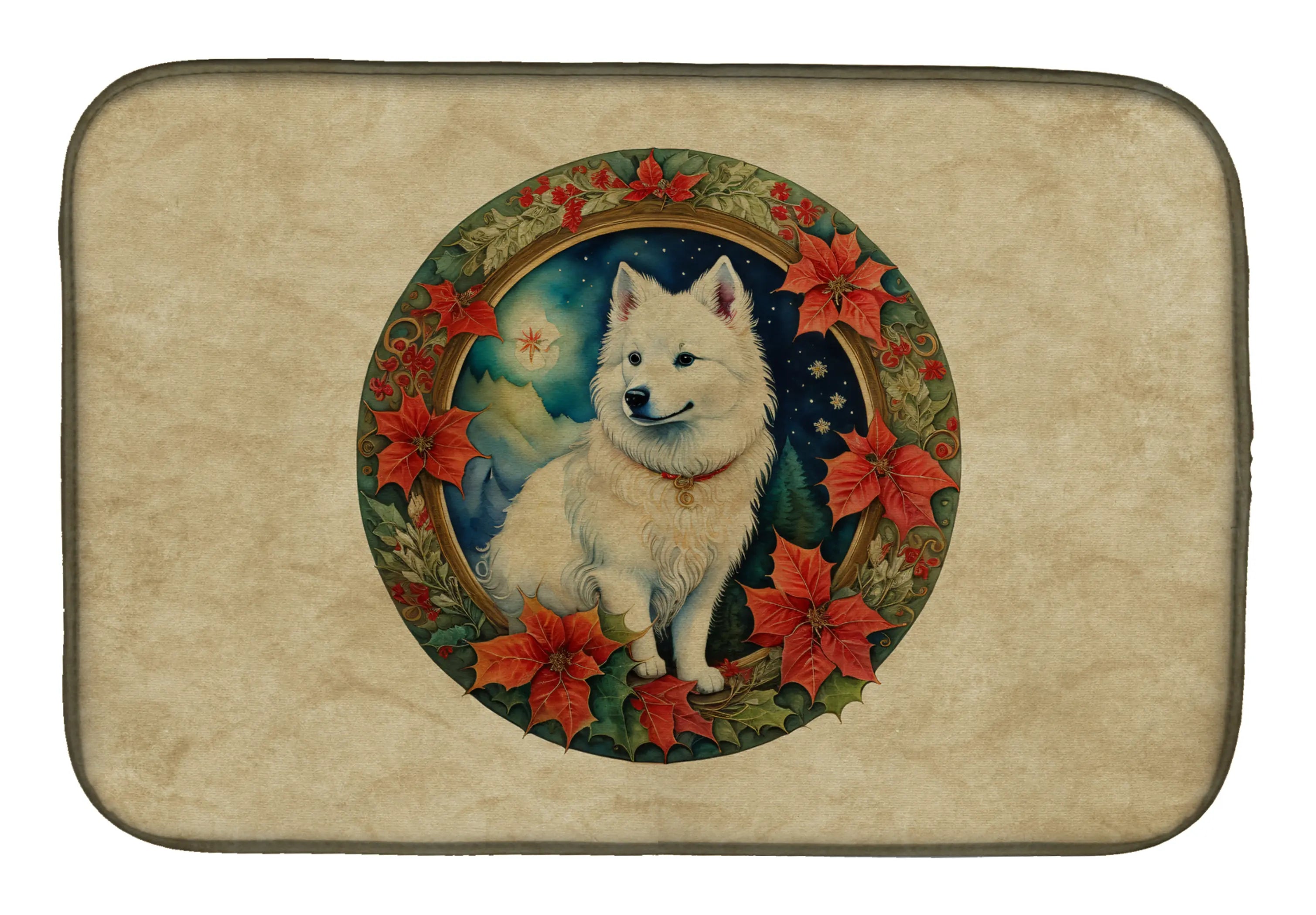 American Eskimo Christmas Flowers Dish Drying Mat Caroline's Treasures