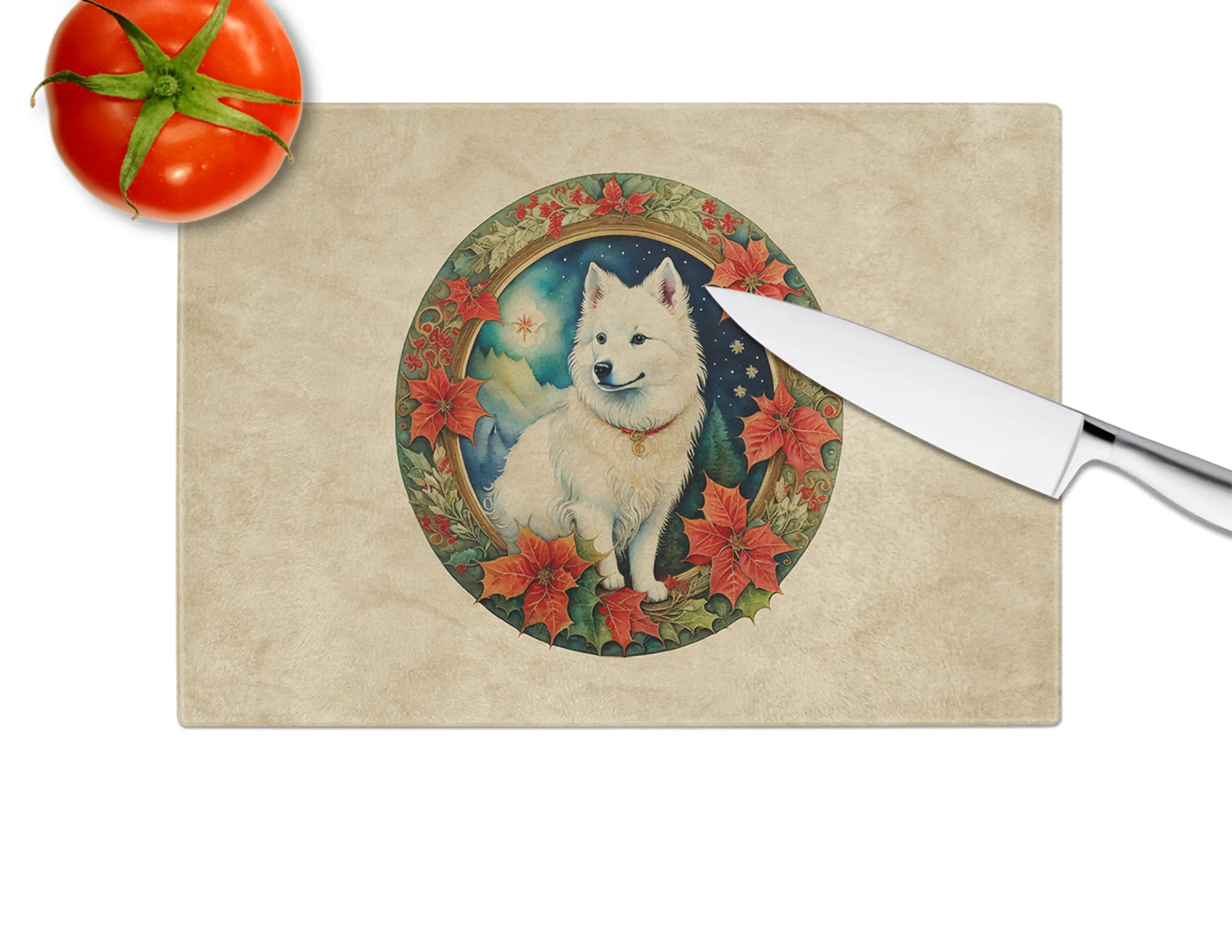 American Eskimo Christmas Flowers Glass Cutting Board Caroline's Treasures