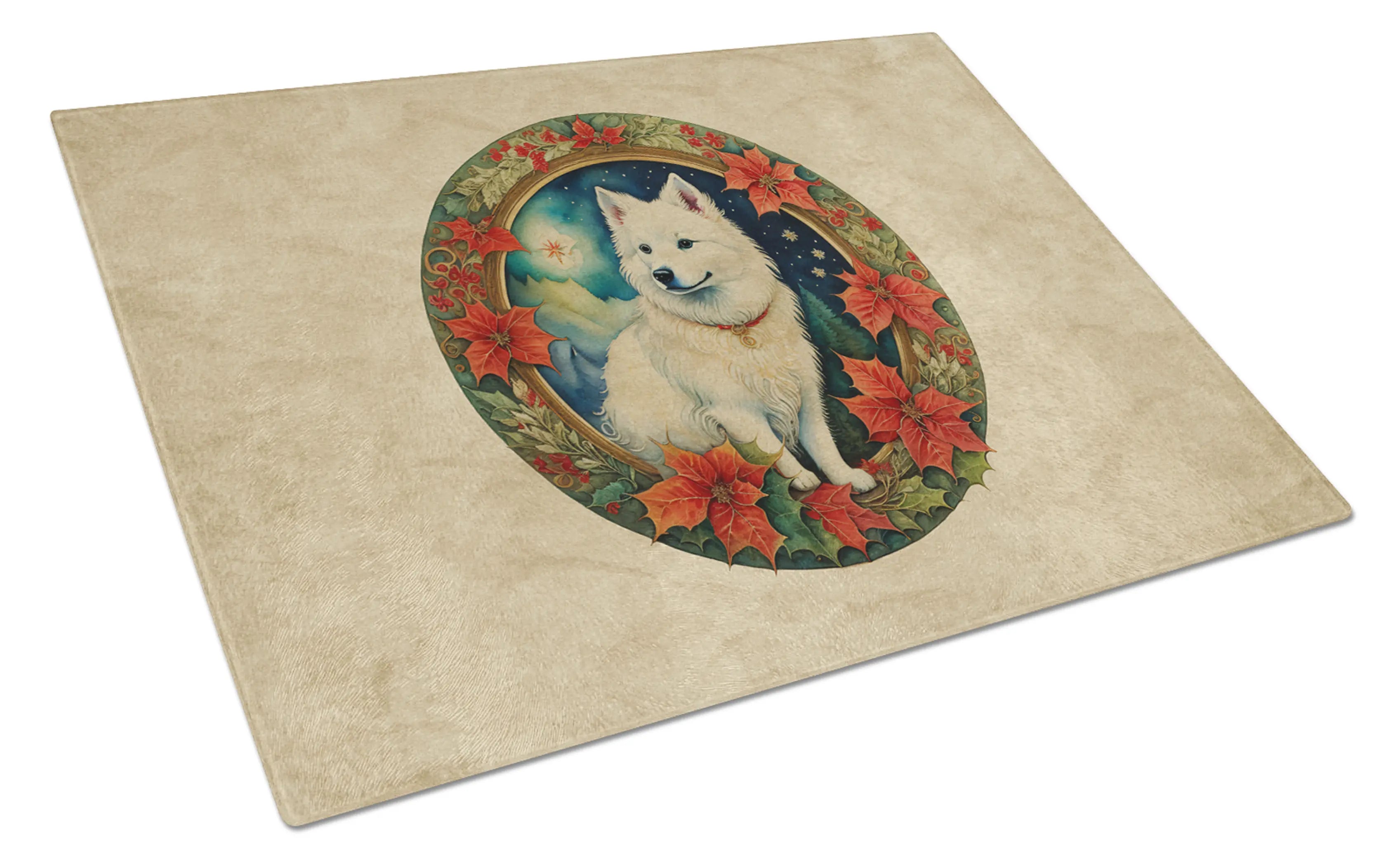 American Eskimo Christmas Flowers Glass Cutting Board Caroline's Treasures