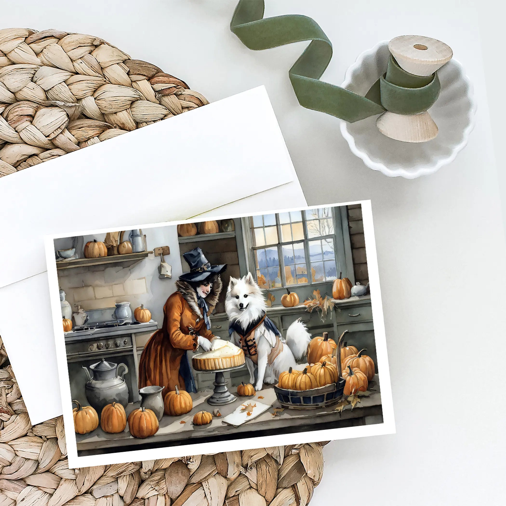 American Eskimo Fall Kitchen Pumpkins Greeting Cards Pack of 8 Caroline's Treasures