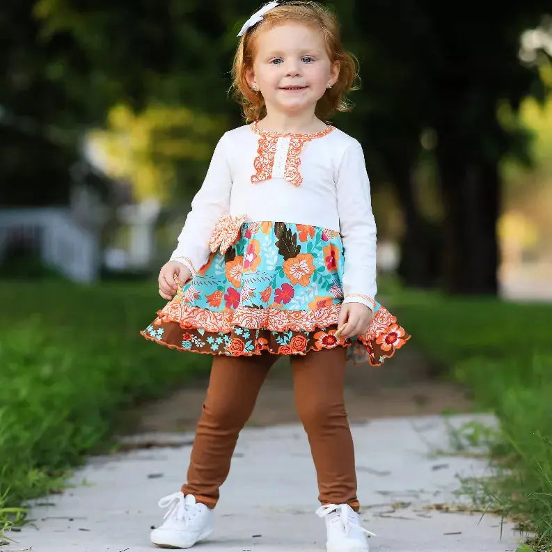 AnnLoren Girls Holiday Autumn Floral Ruffle Thanksgiving Dress & Leggings AnnLoren