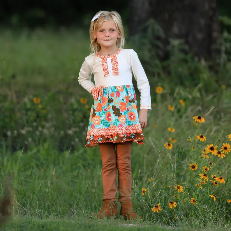 AnnLoren Girls Holiday Autumn Floral Ruffle Thanksgiving Dress & Leggings AnnLoren
