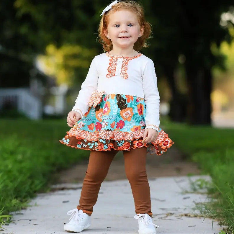 AnnLoren Girls Holiday Autumn Floral Ruffle Thanksgiving Dress & Leggings AnnLoren