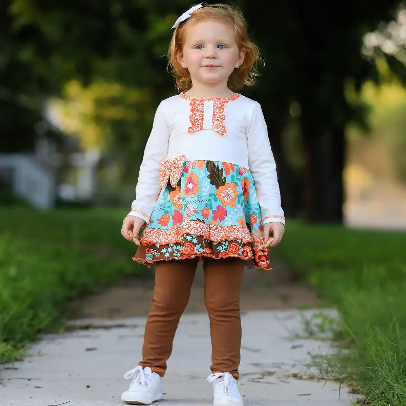 AnnLoren Girls Holiday Autumn Floral Ruffle Thanksgiving Dress & Leggings AnnLoren