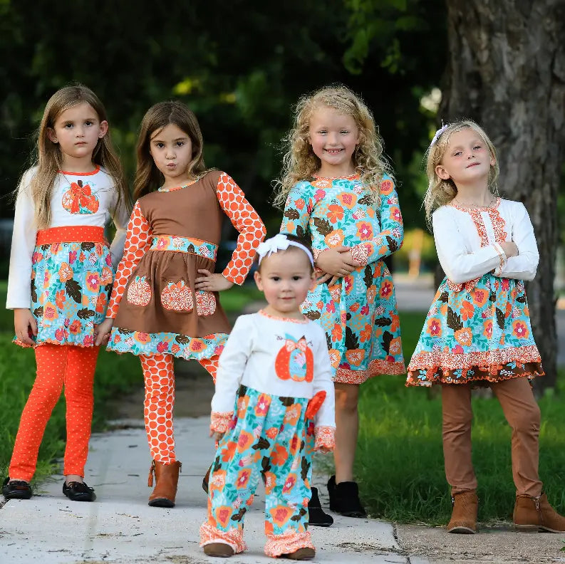 AnnLoren Girls Holiday Autumn Floral Ruffle Thanksgiving Dress & Leggings AnnLoren