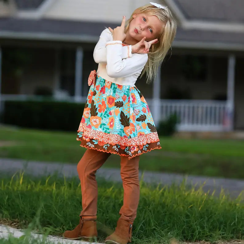AnnLoren Girls Holiday Autumn Floral Ruffle Thanksgiving Dress & Leggings AnnLoren