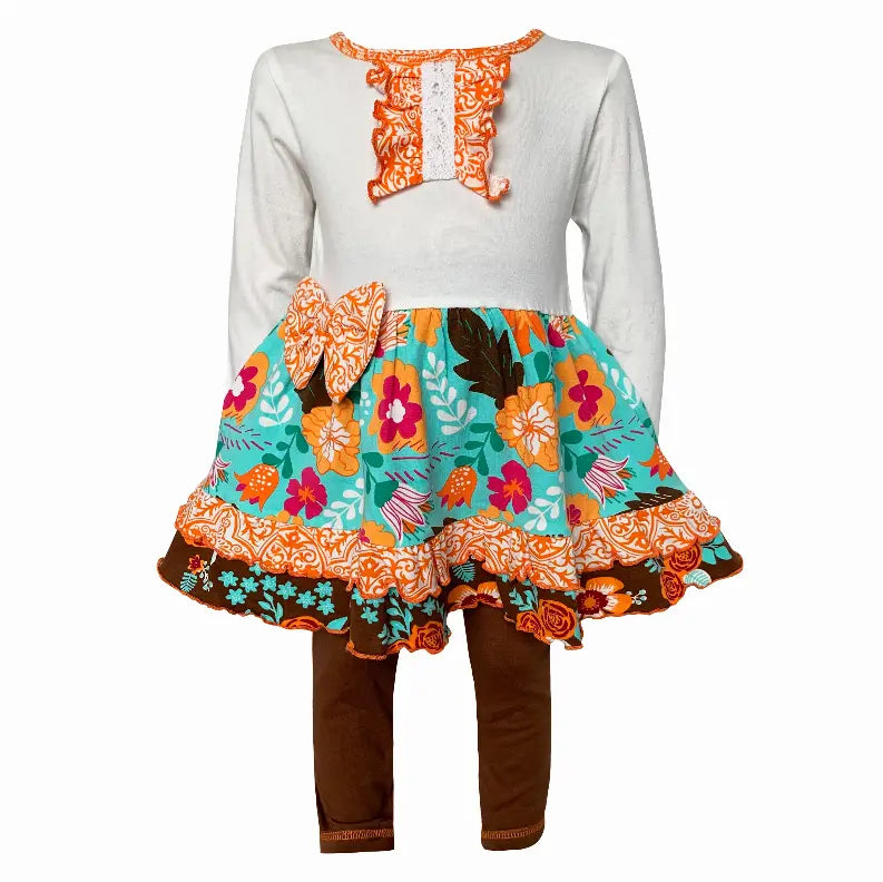 AnnLoren Girls Holiday Autumn Floral Ruffle Thanksgiving Dress & Leggings AnnLoren