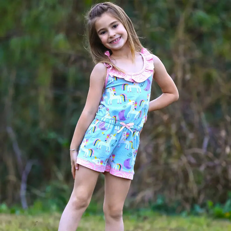 AnnLoren Little & Big Girls Jumpsuit Magical Unicorn Rainbows Spring Romper AnnLoren