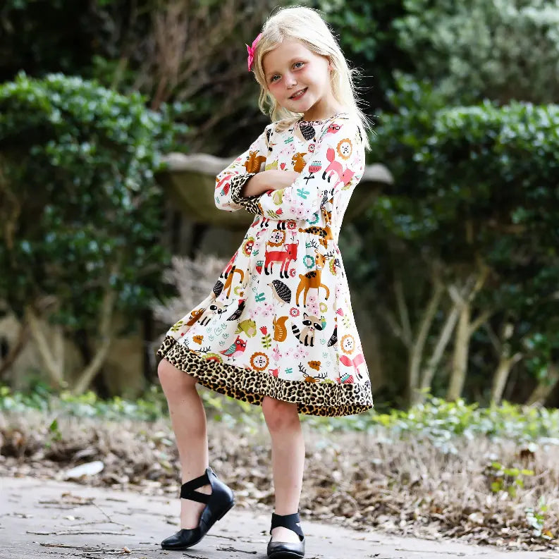 AnnLoren Little & Big Girls Long Sleeve Boutique Forest Friends Fall Dress AnnLoren