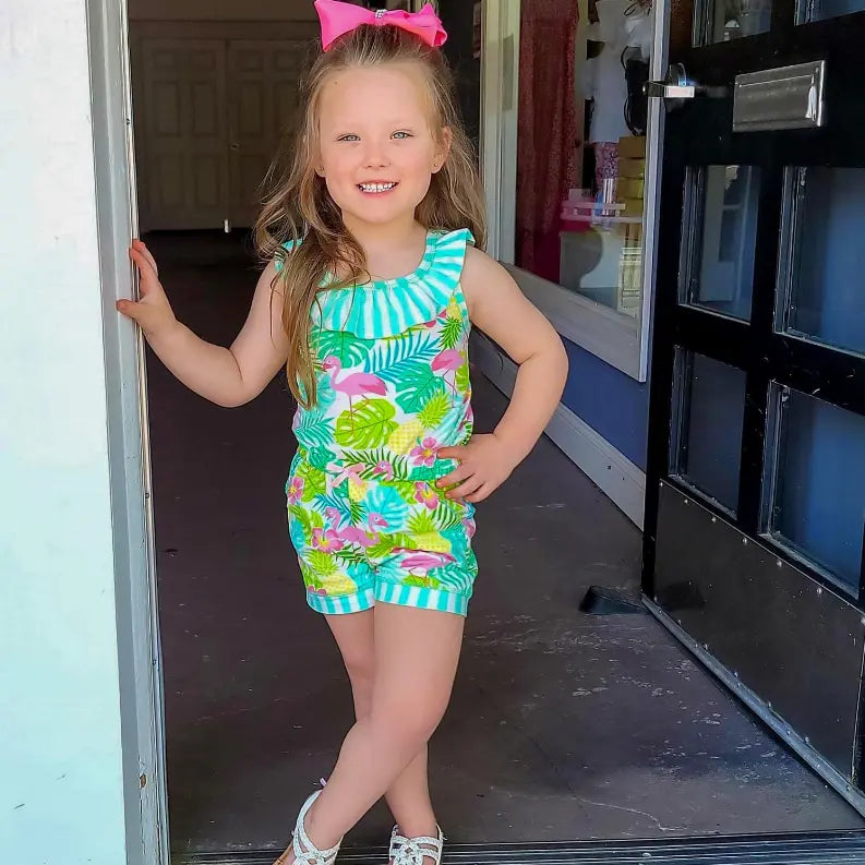 AnnLoren Little & Big Girls Pink Flamingo Palm Tree Kids Shorts Jumpsuit AnnLoren
