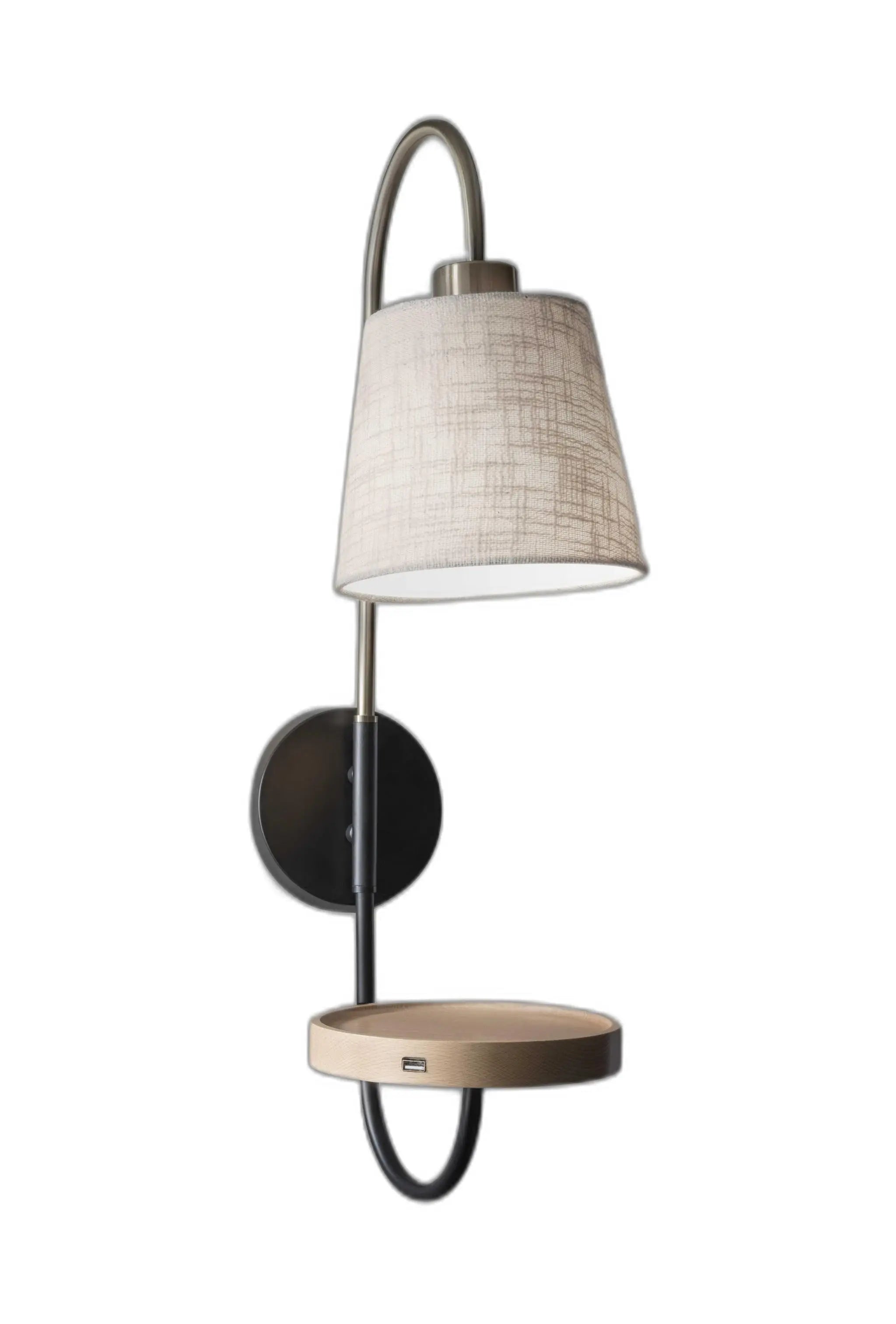 Antique Brass And Black Metal USB Charging Station Wall Lamp With Wood Shelf Homeroots Lighting