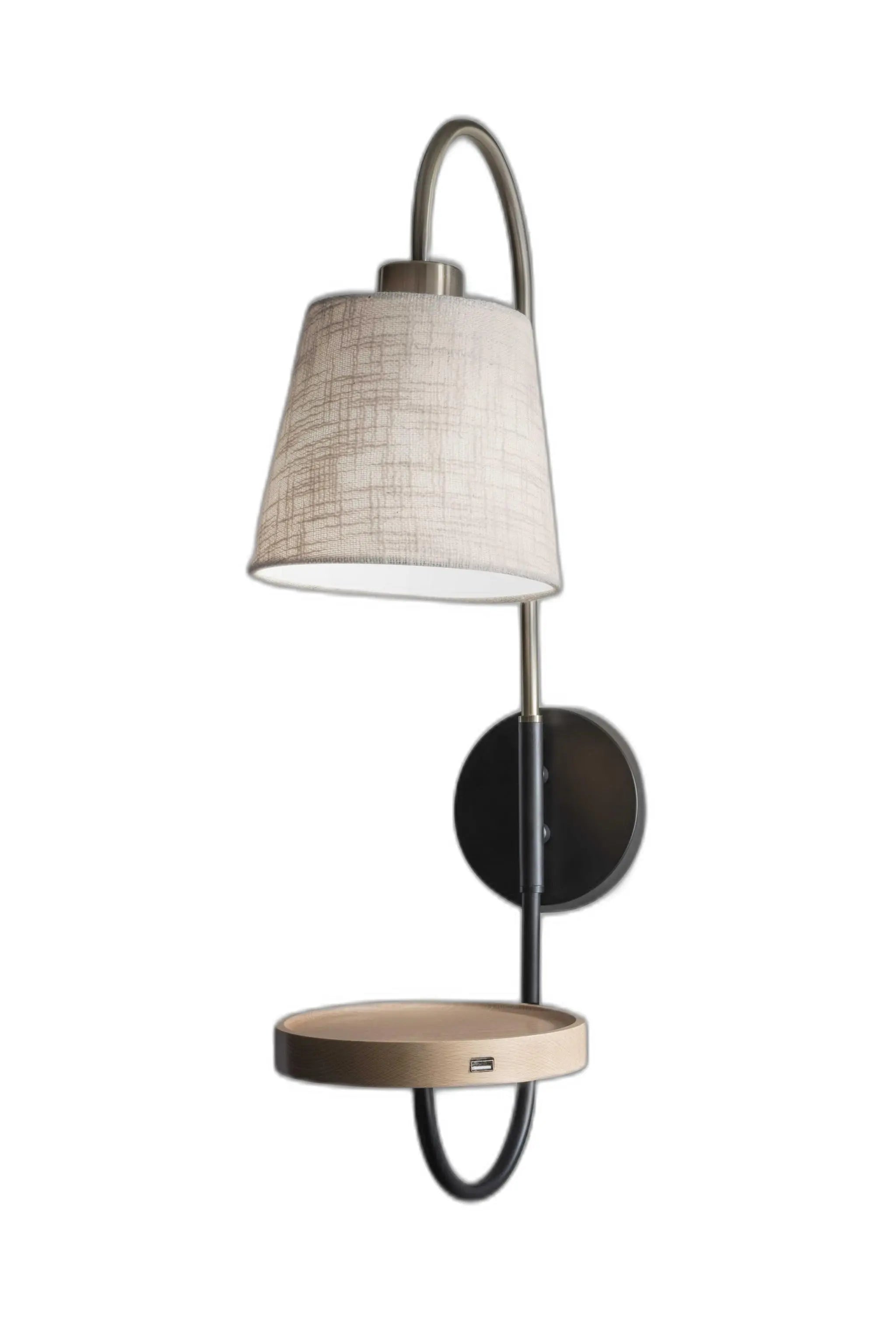 Antique Brass And Black Metal USB Charging Station Wall Lamp With Wood Shelf Homeroots Lighting