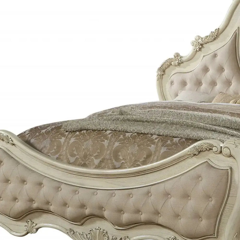Antiqued White King Tufted Upholstered Linen Bed Frame with Nailhead Trim Homeroots Bed & Bath