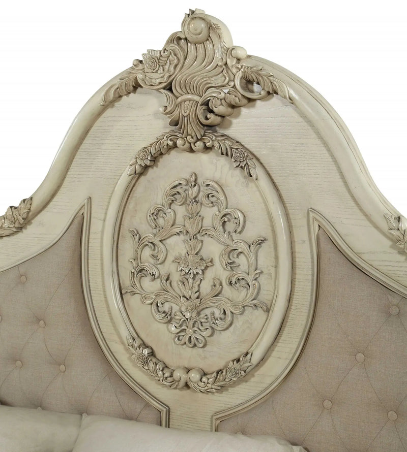 Antiqued White King Tufted Upholstered Linen Bed Frame with Nailhead Trim Homeroots Bed & Bath