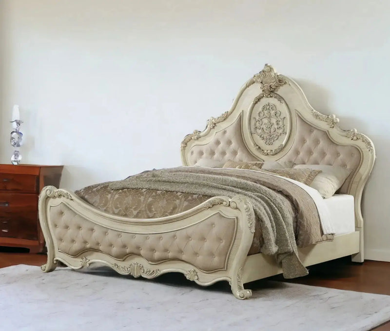 Antiqued White King Tufted Upholstered Linen Bed Frame with Nailhead Trim Homeroots Bed & Bath