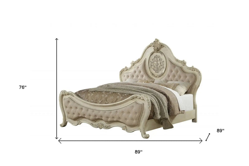Antiqued White King Tufted Upholstered Linen Bed Frame with Nailhead Trim Homeroots Bed & Bath