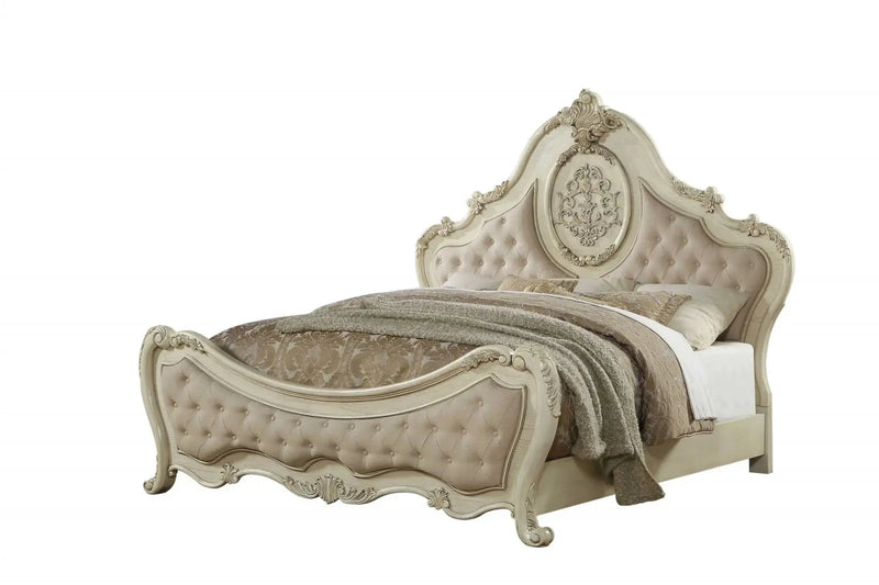 Antiqued White King Tufted Upholstered Linen Bed Frame with Nailhead Trim Homeroots Bed & Bath