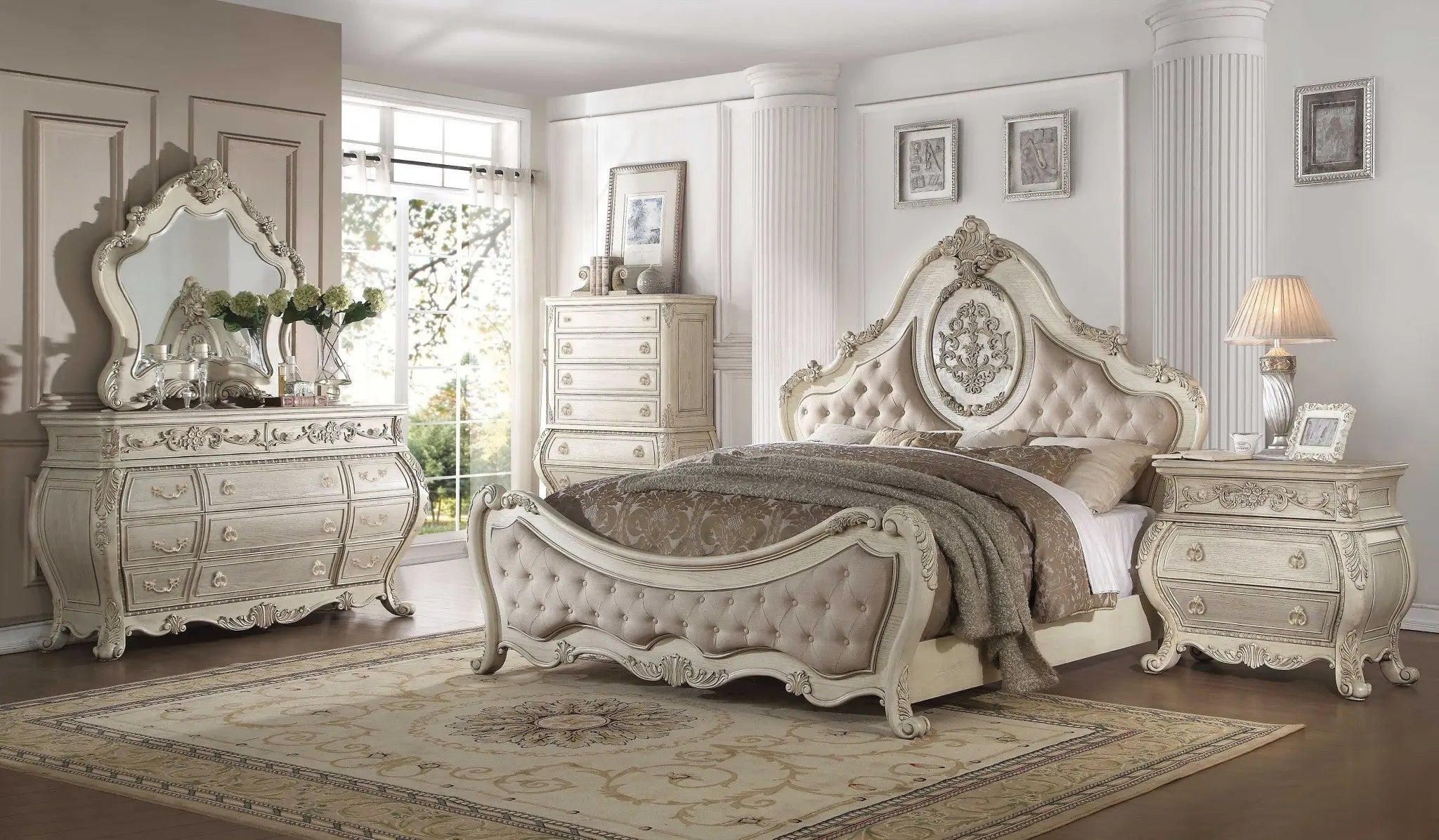 Antiqued White King Tufted Upholstered Linen Bed Frame with Nailhead Trim Homeroots Bed & Bath