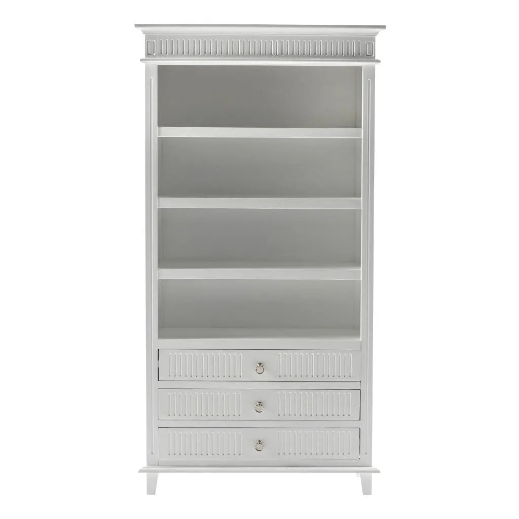 Antiqued White Solid Wood Four Tier Bookcase with Three Drawers Homeroots Office