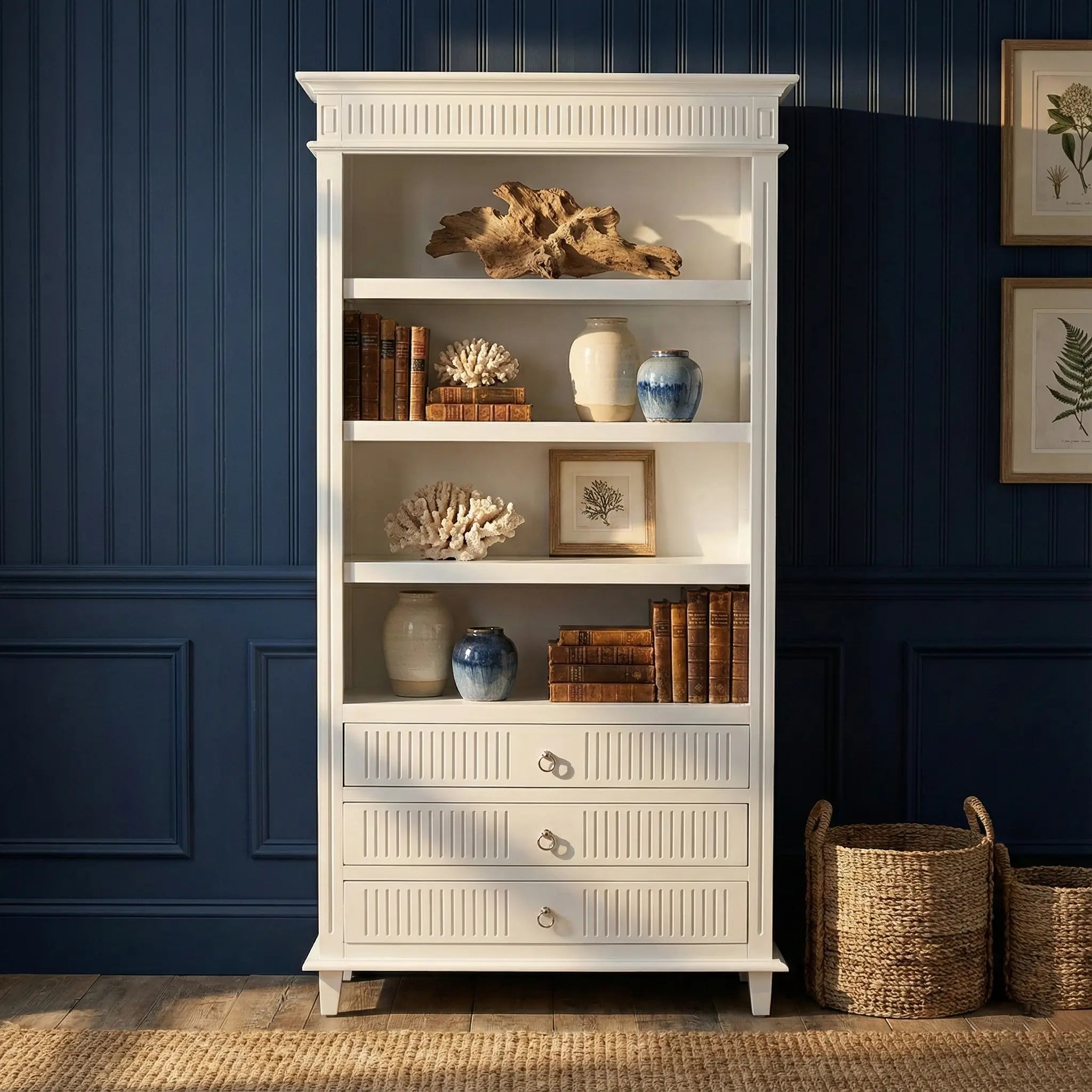 Antiqued White Solid Wood Four Tier Bookcase with Three Drawers Homeroots Office