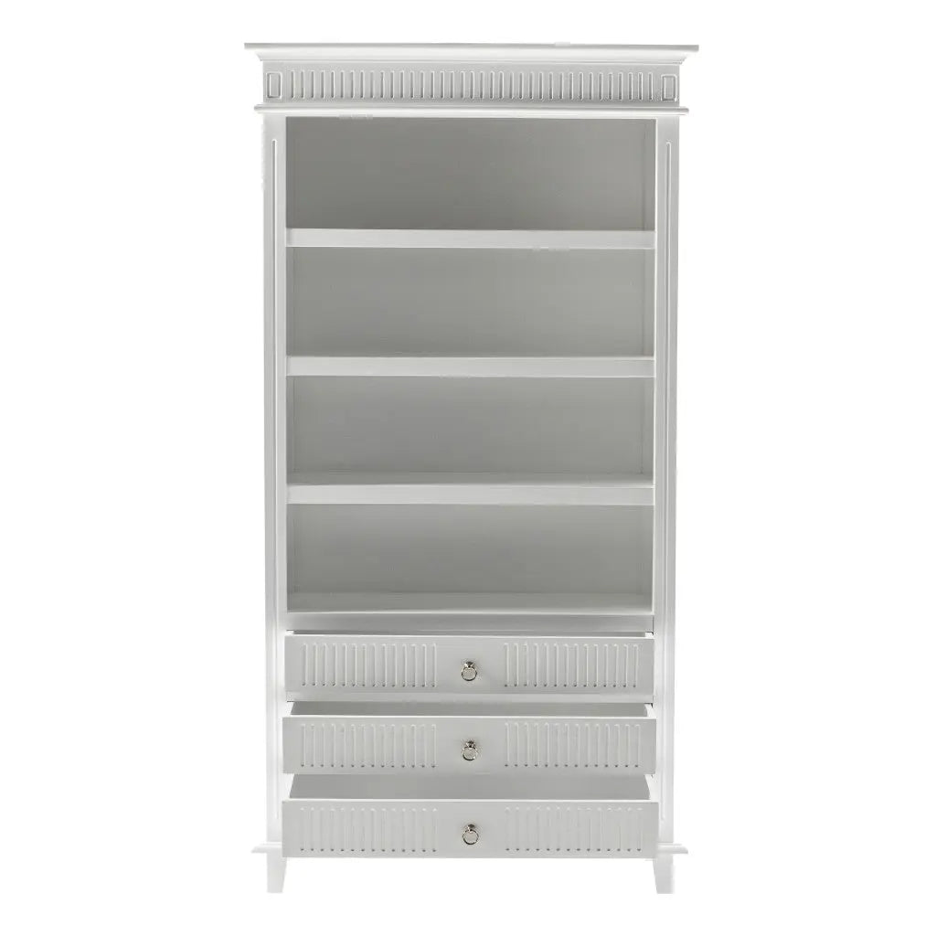 Antiqued White Solid Wood Four Tier Bookcase with Three Drawers Homeroots Office