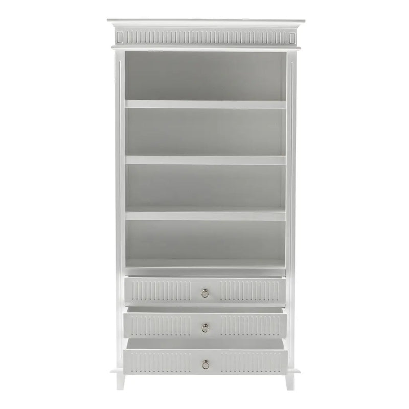 Antiqued White Solid Wood Four Tier Bookcase with Three Drawers Homeroots Office
