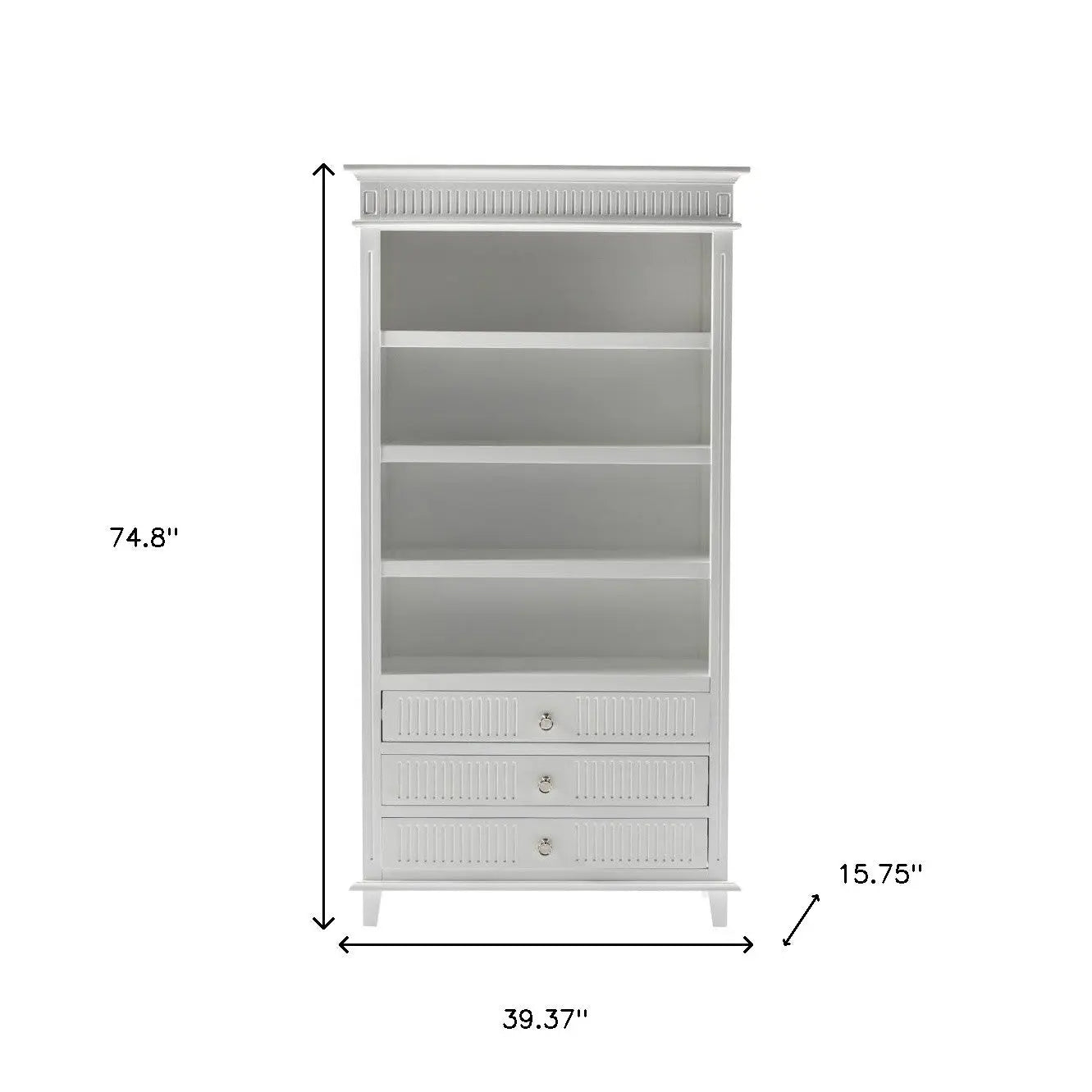 Antiqued White Solid Wood Four Tier Bookcase with Three Drawers Homeroots Office