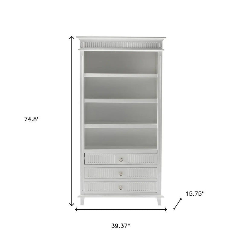 Antiqued White Solid Wood Four Tier Bookcase with Three Drawers Homeroots Office