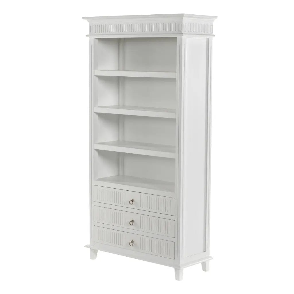 Antiqued White Solid Wood Four Tier Bookcase with Three Drawers Homeroots Office