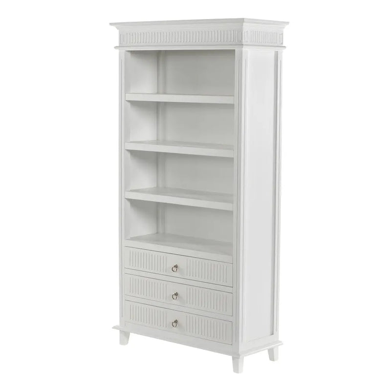 Antiqued White Solid Wood Four Tier Bookcase with Three Drawers Homeroots Office