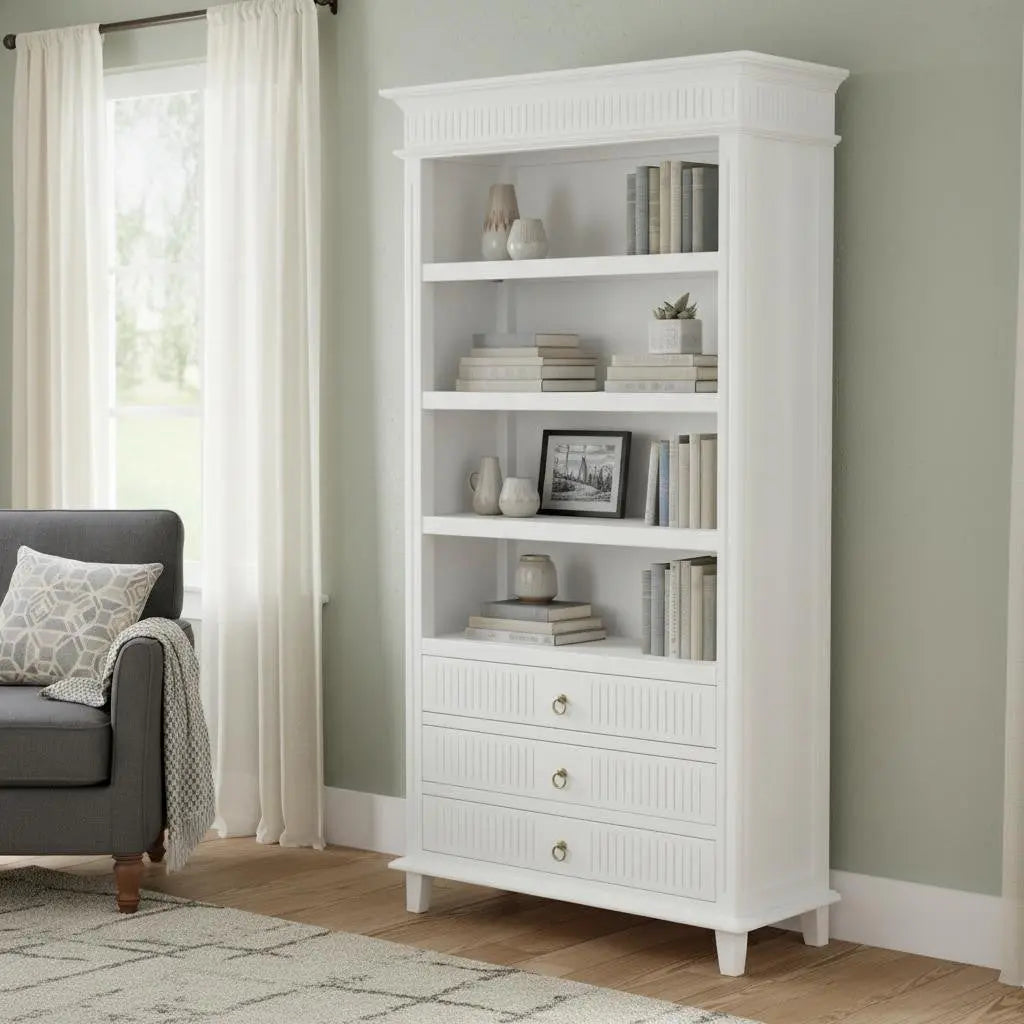Antiqued White Solid Wood Four Tier Bookcase with Three Drawers Homeroots Office