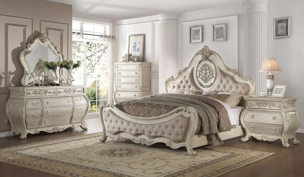 Antiqued White Solid Wood Tufted Upholstered Linen Bed Frame Homeroots Bed & Bath