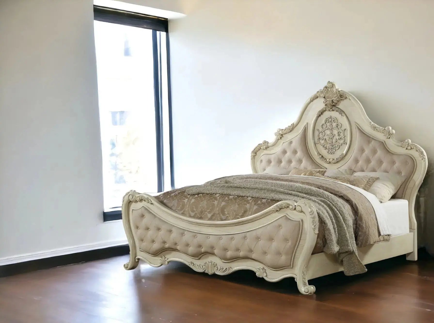 Antiqued White Solid Wood Tufted Upholstered Linen Bed Frame Homeroots Bed & Bath