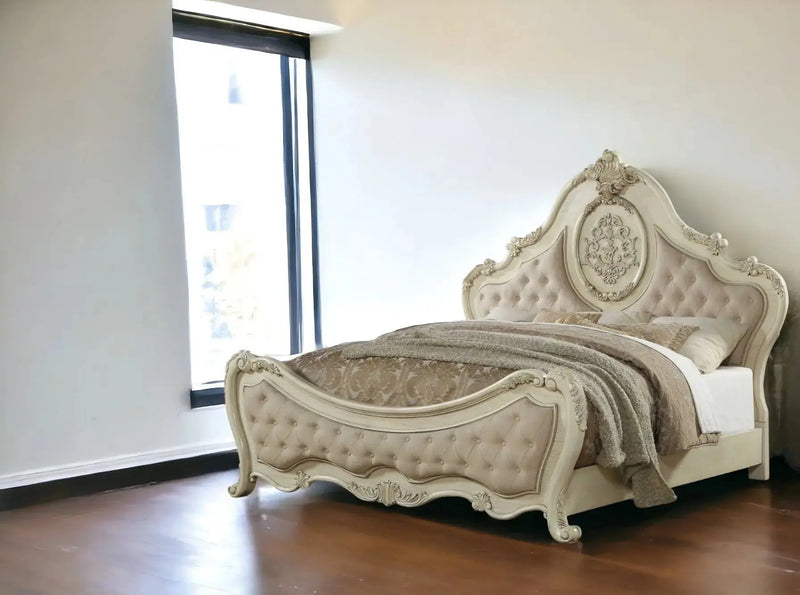 Antiqued White Solid Wood Tufted Upholstered Linen Bed Frame Homeroots Bed & Bath