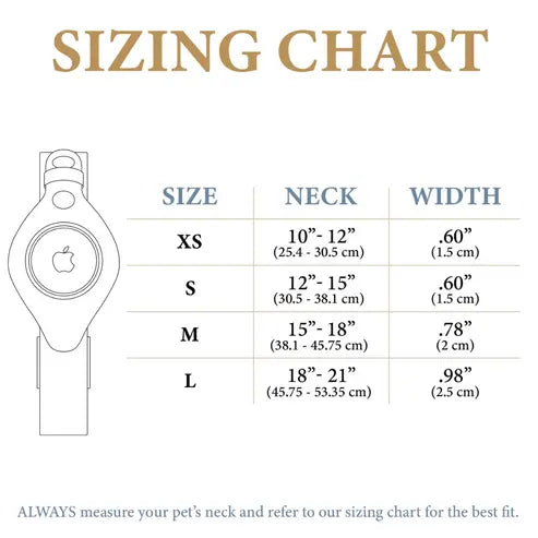 Sizing chart for pet collars in XS, S, M, and L; includes neck and width dimensions in inches and centimeters.