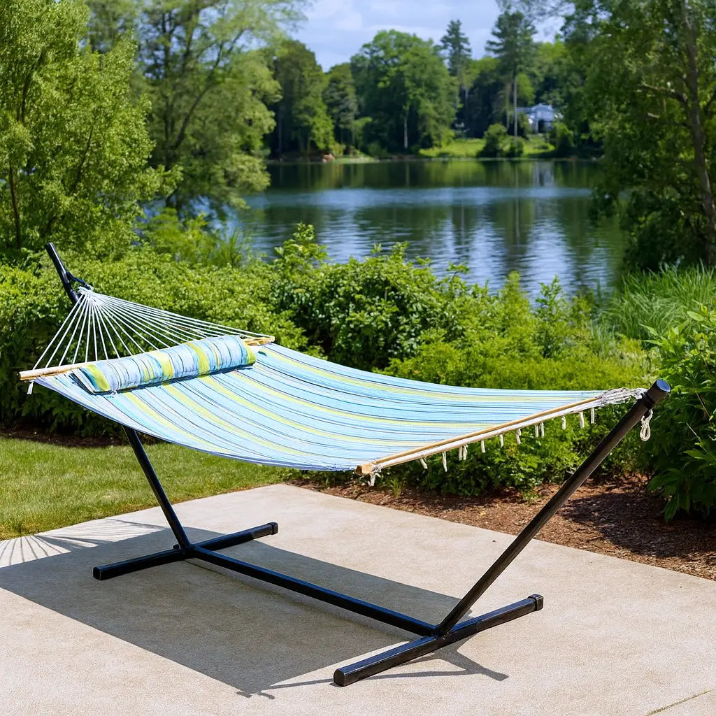 Aqua And Lime Green Striped Double Hammock Homeroots Outdoor