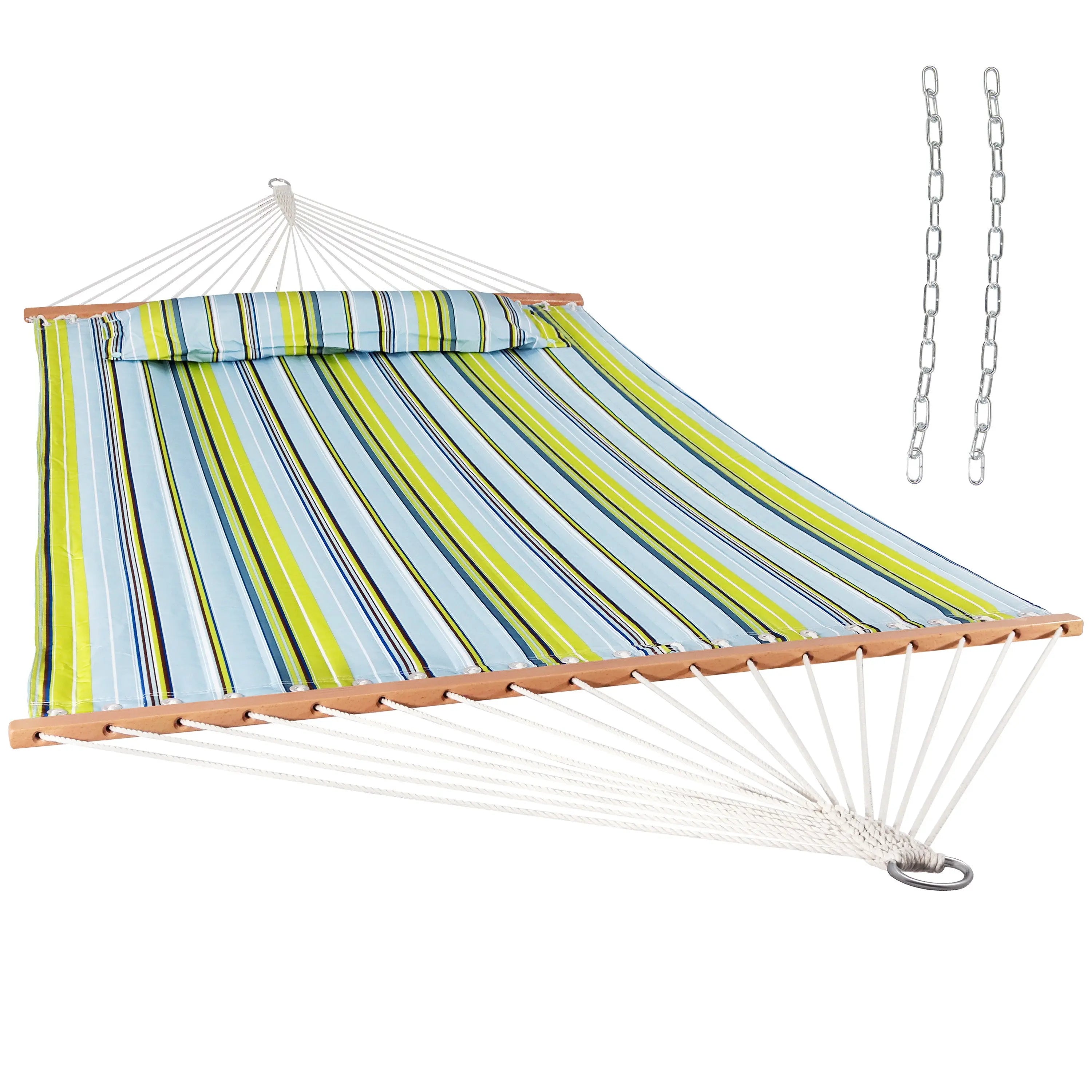 Aqua And Lime Green Striped Double Hammock Homeroots Outdoor