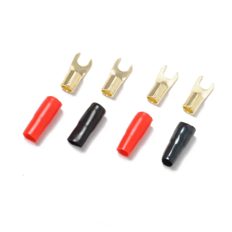 Gold spade terminals with red, black, and red PVC insulating sleeves, ideal for electrical connections.