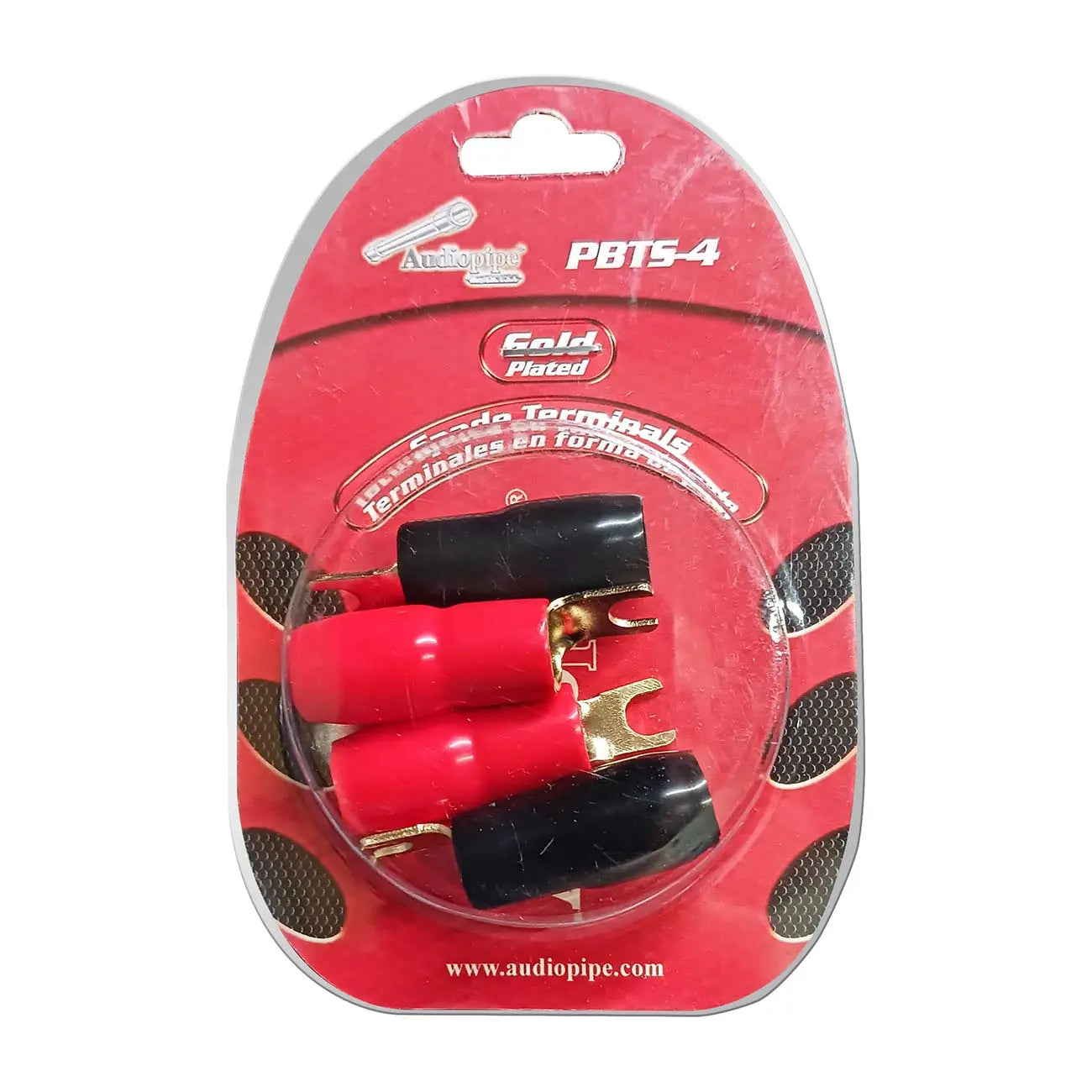 Gold-plated audio terminal connectors, red and black, suitable for secure electrical connections in audio setups.