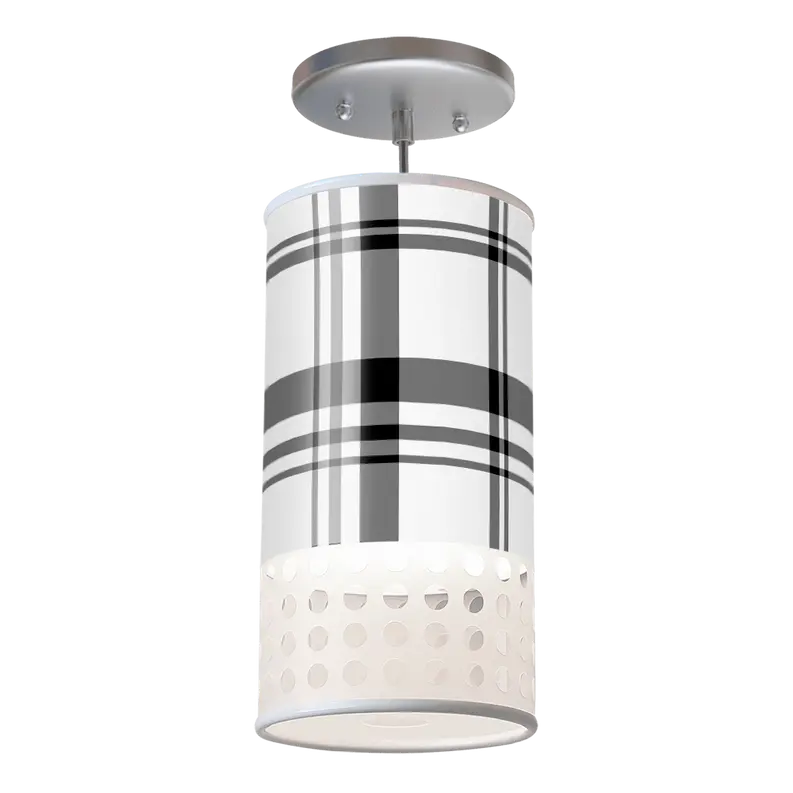 Modern black and white plaid pendant lamp with a perforated white shade and sleek metal fixture. Perfect for contemporary decor.