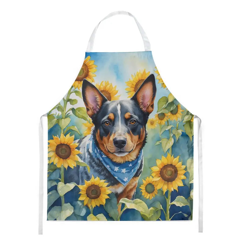 Dog-themed apron featuring a watercolor design with a tri-color dog and sunflowers, perfect for pet lovers.