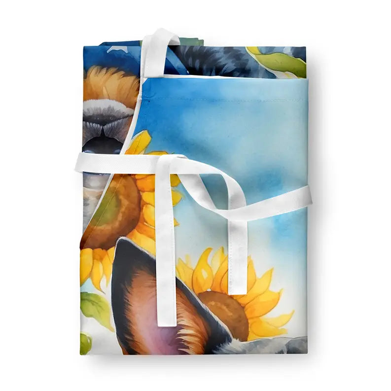 Colorful dog-themed apron with sunflowers, featuring a watercolor design in vibrant blues and yellows, tied with white straps.